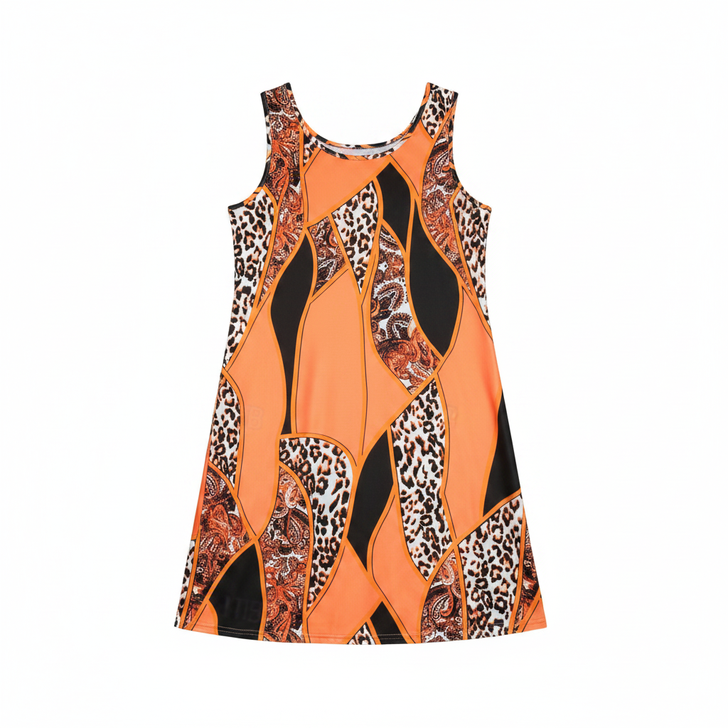Boho patchwork summer dress with orange, black, and leopard-print panels