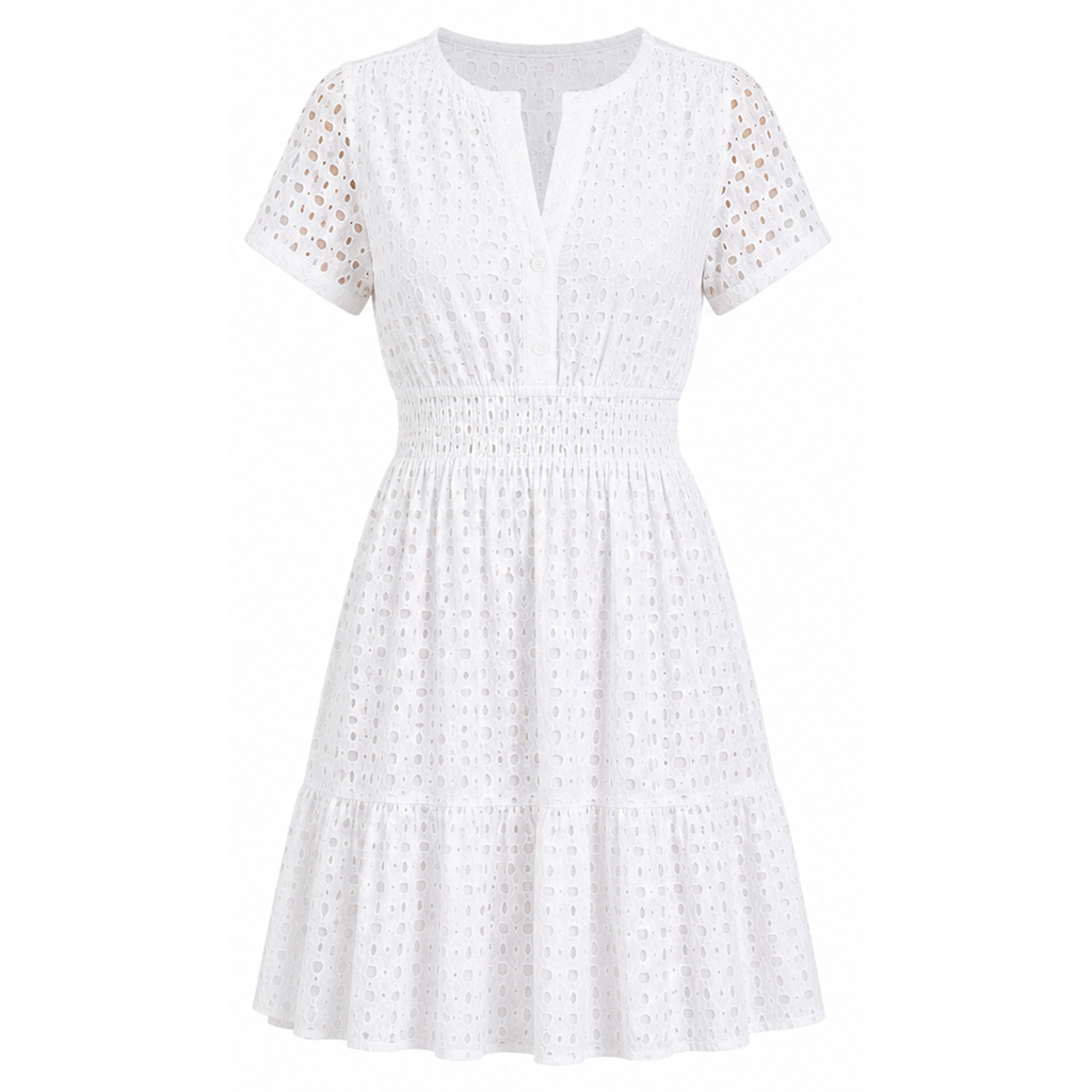 White eyelet mini dress with V-neck, short flutter sleeves, and gathered waist
