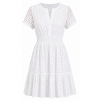 White eyelet mini dress with V-neck, short flutter sleeves, and gathered waist