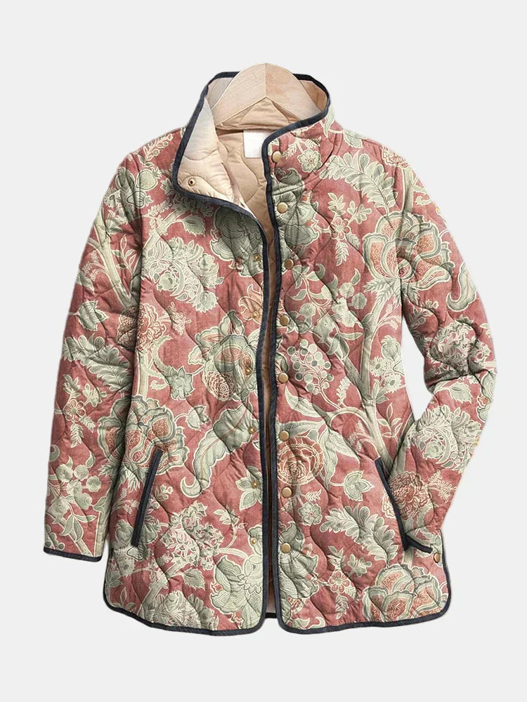 Eleanor™ multicolor vintage floral quilted casual jacket with button front and hood