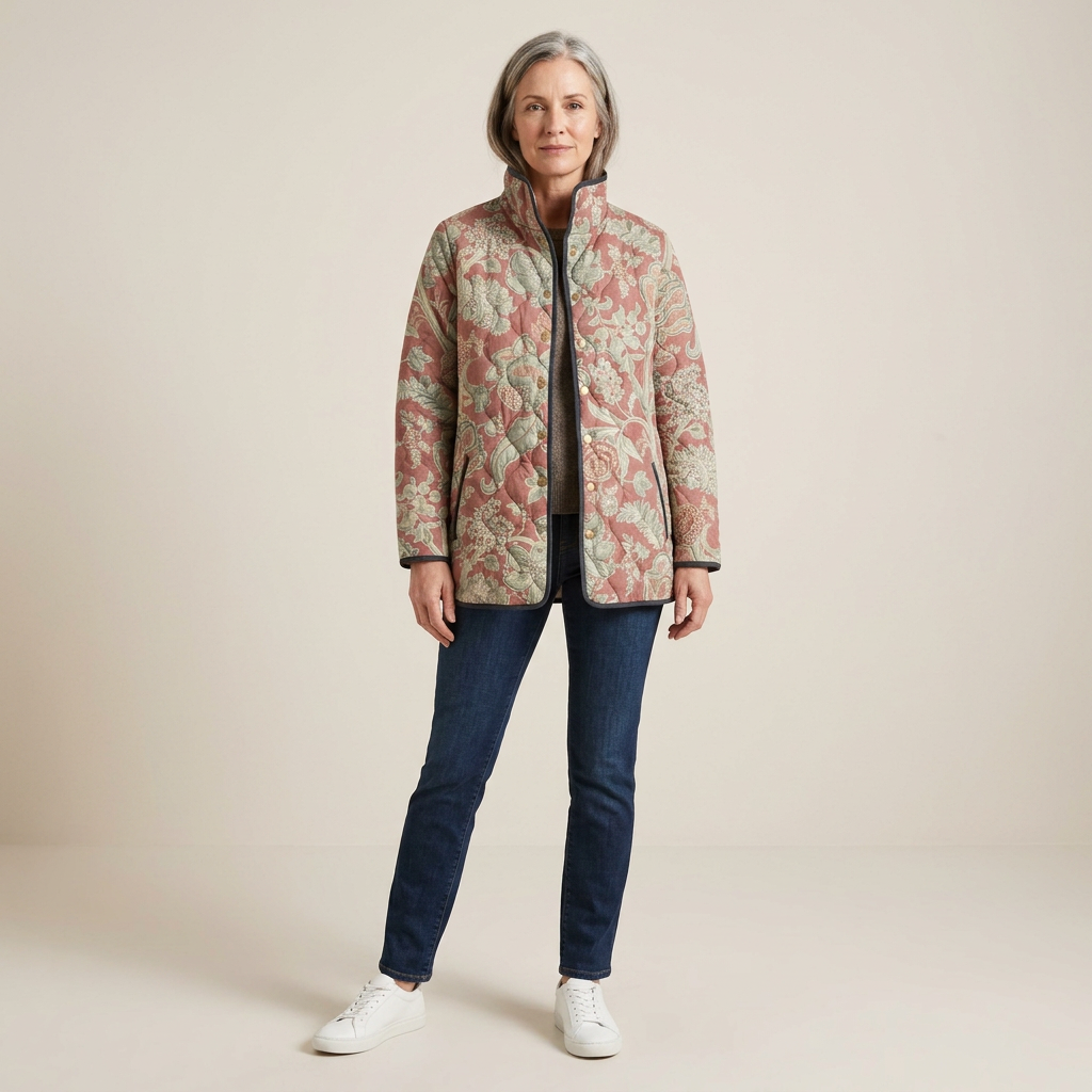 Women’s floral quilted casual jacket with zip front, long sleeves, multicolor