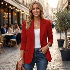 Red tailored blazer with structured shoulders, notched lapel, slim fit, single-button front