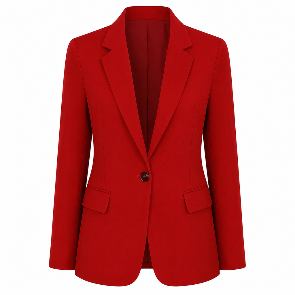 Red womens blazer with notched lapel, structured shoulders, two flap pockets, single-button front