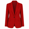 Red womens blazer with notched lapel, structured shoulders, two flap pockets, single-button front