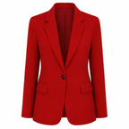 Red womens blazer with notched lapel, structured shoulders, two flap pockets, single-button front