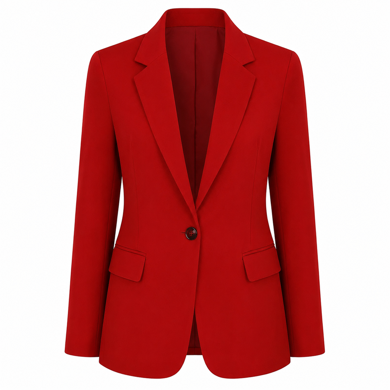 Red womens blazer with notched lapel, structured shoulders, two flap pockets, single-button front