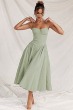 Light green corset midi dress with sweetheart neckline and adjustable spaghetti straps