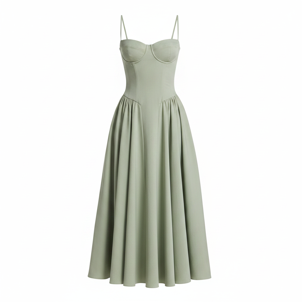 Light green corset midi dress with structured cups, thin straps, and gathered waist