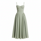 Light green corset midi dress with structured cups, thin straps, and gathered waist