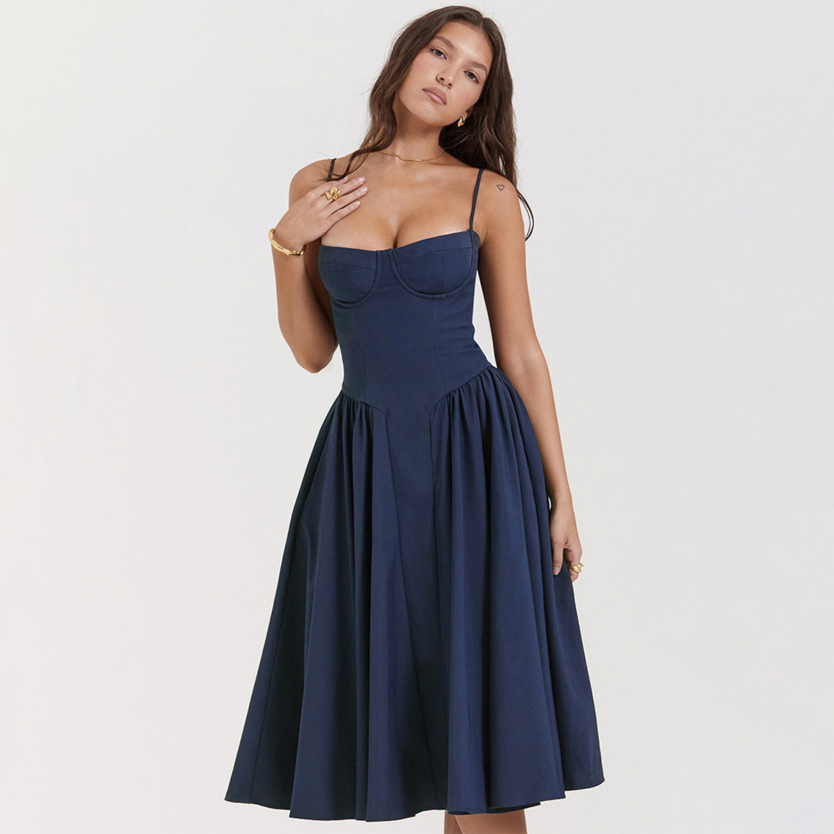 Navy blue corset midi dress with sweetheart neckline, structured bodice, and flared skirt