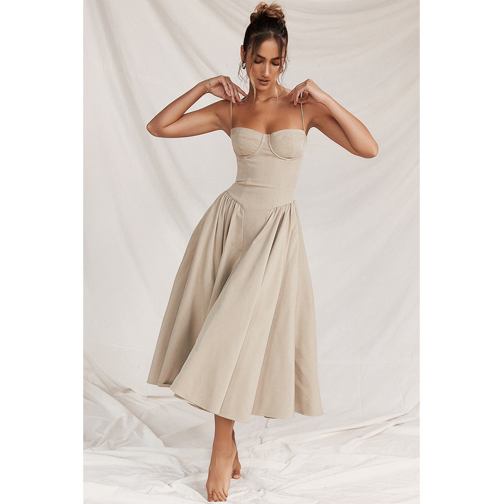 Beige corset midi dress with sweetheart neckline and adjustable spaghetti straps