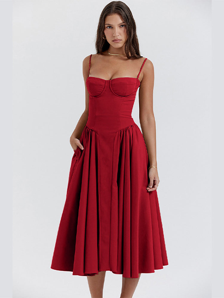 Red corset midi dress with sweetheart neckline, fitted bodice, and pleated flared skirt