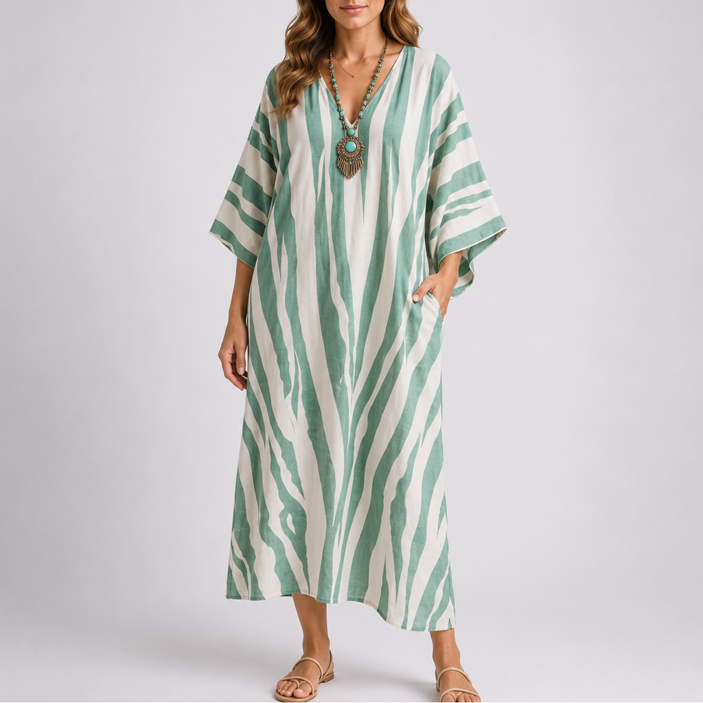 Kaftan maxi dress with green and white zebra stripes, V-neck and wide sleeves