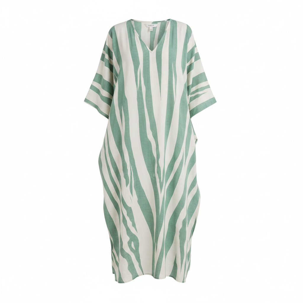 Kaftan maxi dress back view with green and white zebra stripes, short wide sleeves
