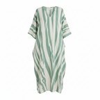Kaftan maxi dress back view with green and white zebra stripes, short wide sleeves