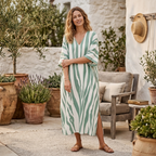 Kaftan maxi dress in green and white zebra stripes, V-neck, side slit, wide sleeves