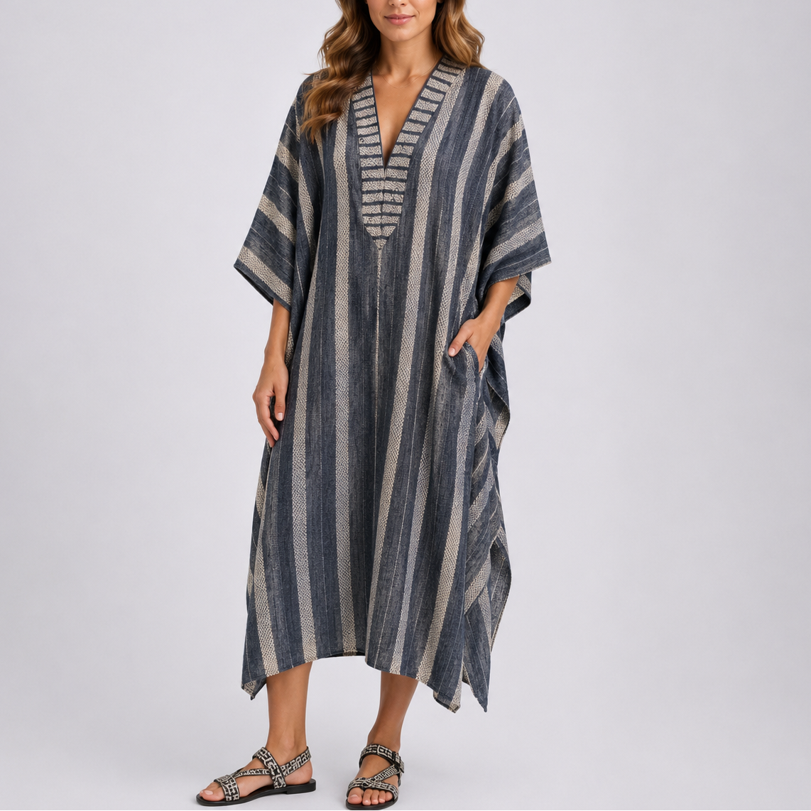 Kaftan maxi dress with dark gray and charcoal vertical stripes, V-neck and wide sleeves