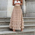 Women's khaki midi pleated mesh skirt with tiered ruffle layers and elastic waistband