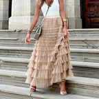 Women's khaki midi pleated mesh ruffle skirt with stacked tiered layers and elastic waist