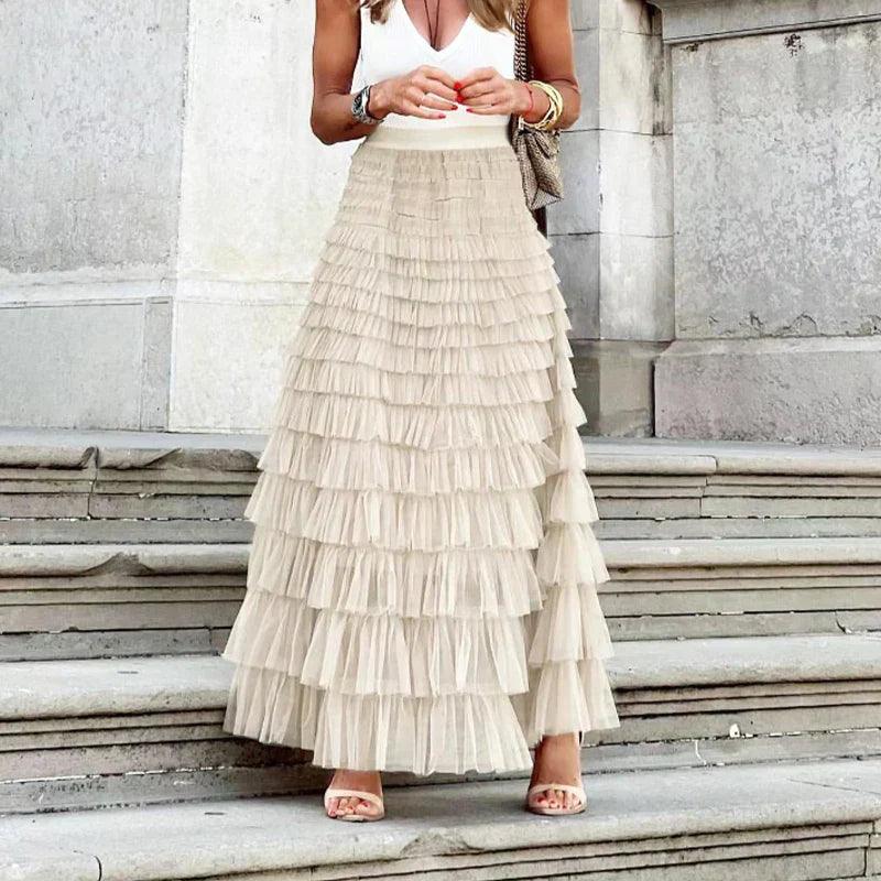 Women's ivory midi pleated mesh skirt with tiered ruffle layers and gathered elastic waist