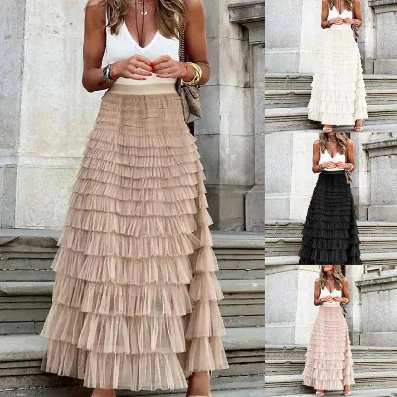 Women's midi pleated mesh ruffle skirt shown in multiple colors: khaki, white, black, pink