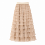 Pleated mesh midi skirt with layered ruffle tiers, elastic waist, light beige