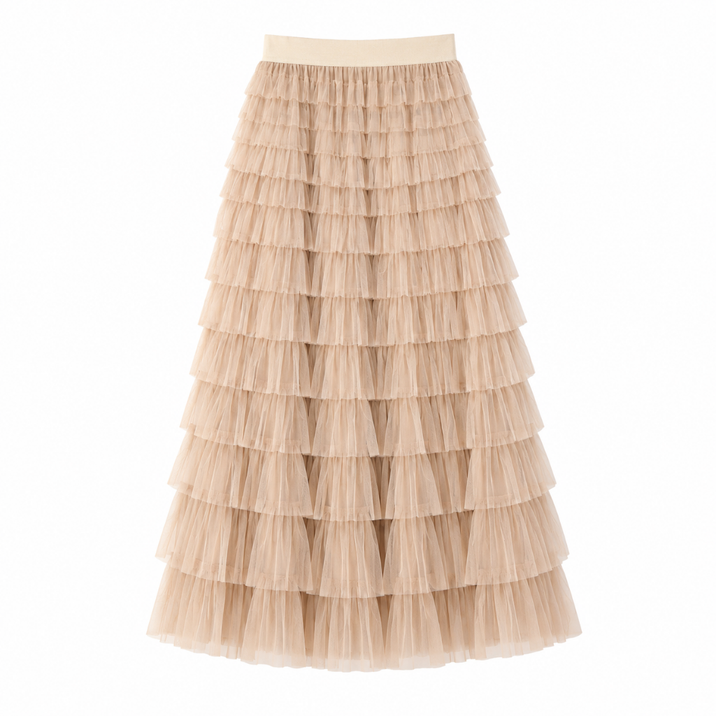 Pleated mesh midi skirt with layered ruffle tiers, elastic waist, light beige