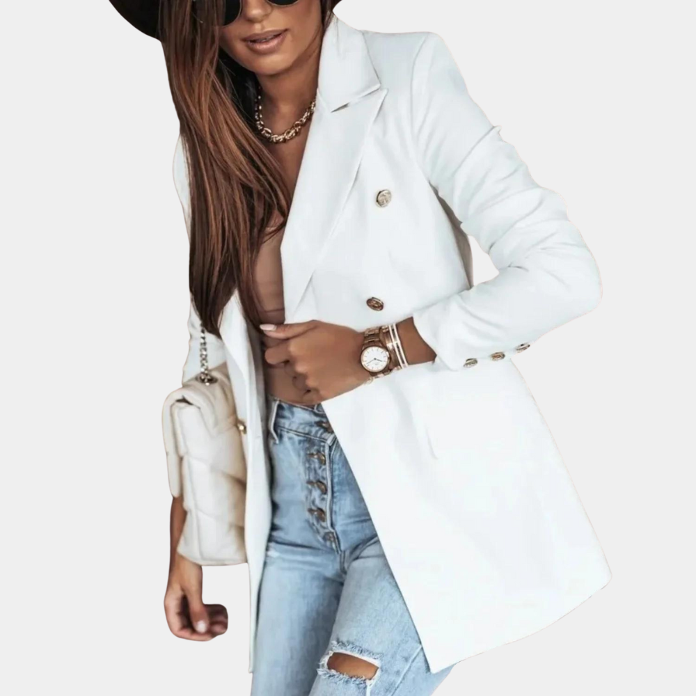 White double-breasted blazer with gold buttons and structured peak lapels
