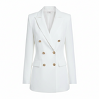 White tailored blazer with peak lapels, gold buttons, and flap chest pockets