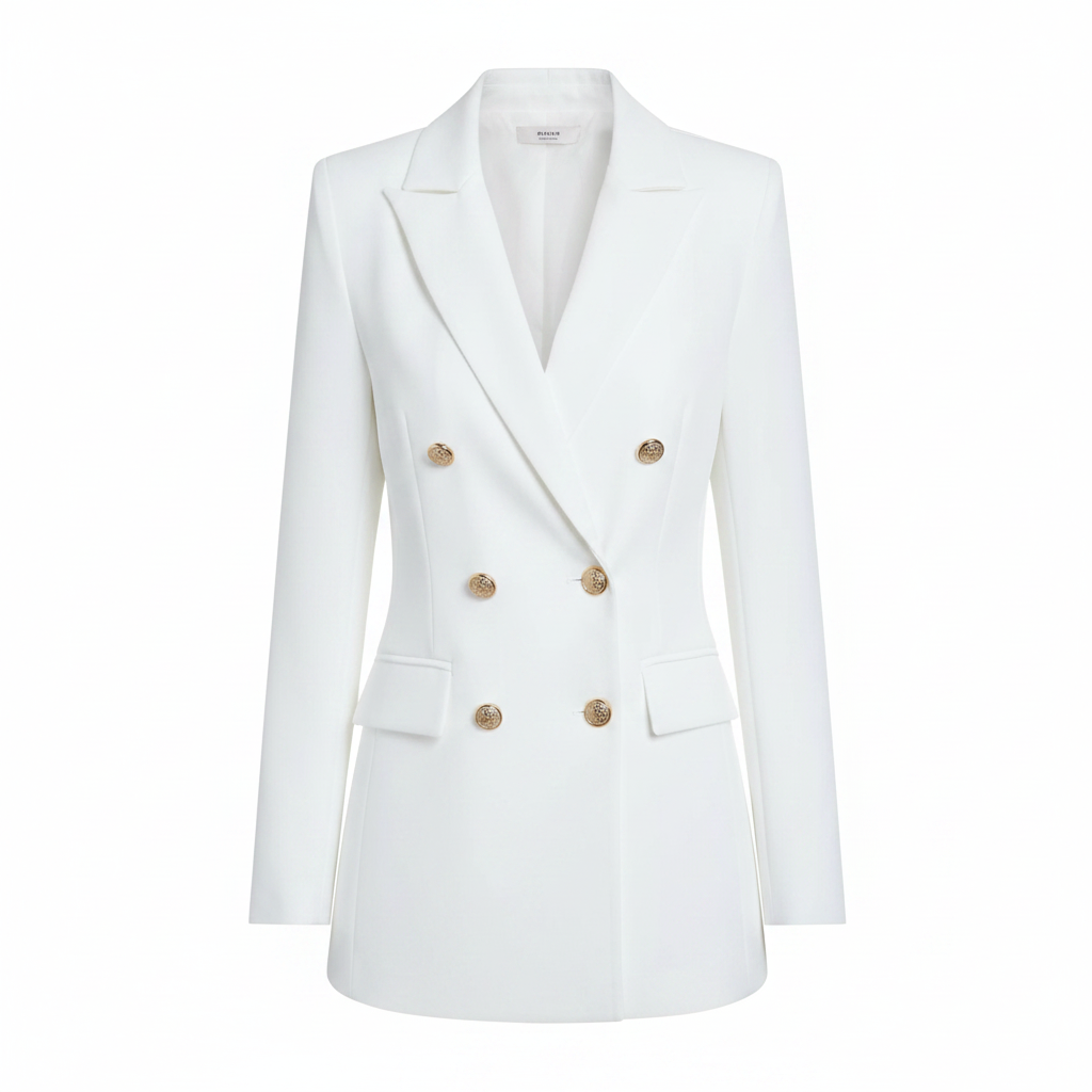 White tailored blazer with peak lapels, gold buttons, and flap chest pockets
