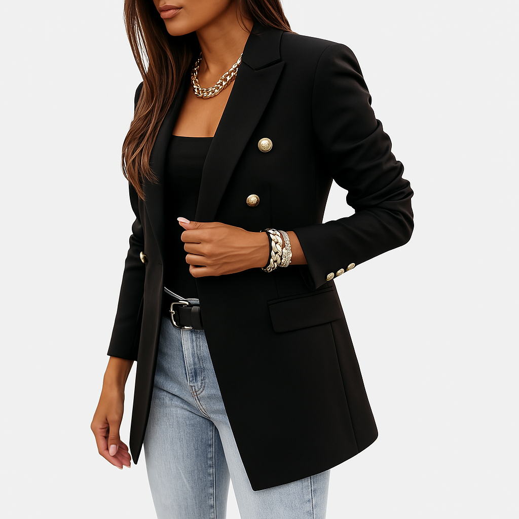 Black double-breasted blazer with gold buttons and structured peak lapels