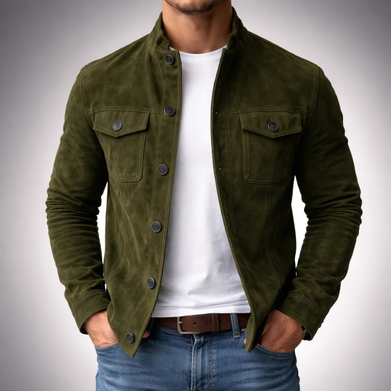 Green suede jacket with snap button front and two chest flap pockets