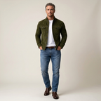 Men’s green suede military jacket with button front and two chest flap pockets