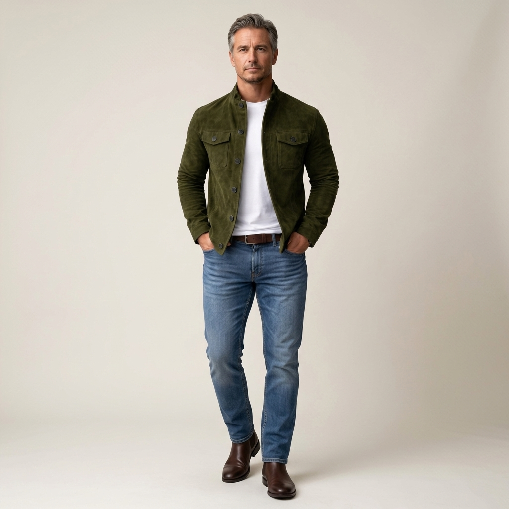 Men’s green suede military jacket with button front and two chest flap pockets
