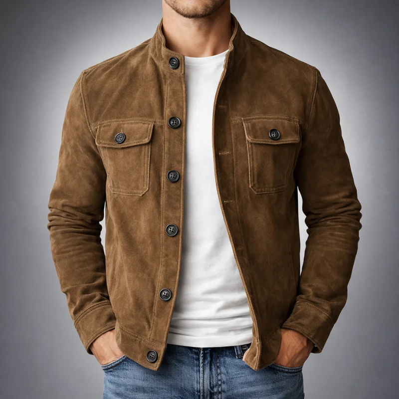 Brown suede jacket with snap button front and two chest flap pockets