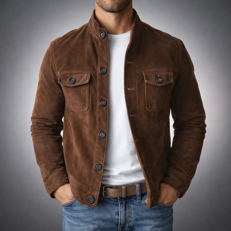 Dark brown suede jacket with snap button front and two chest flap pockets