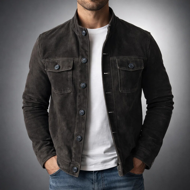 Black suede jacket with snap button front and two chest flap pockets