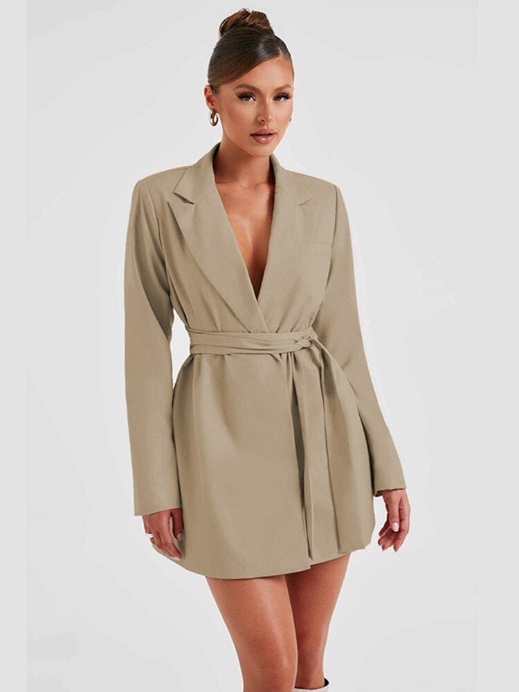 Khaki blazer dress with deep V-neck, long sleeves, wrap style, tied belt