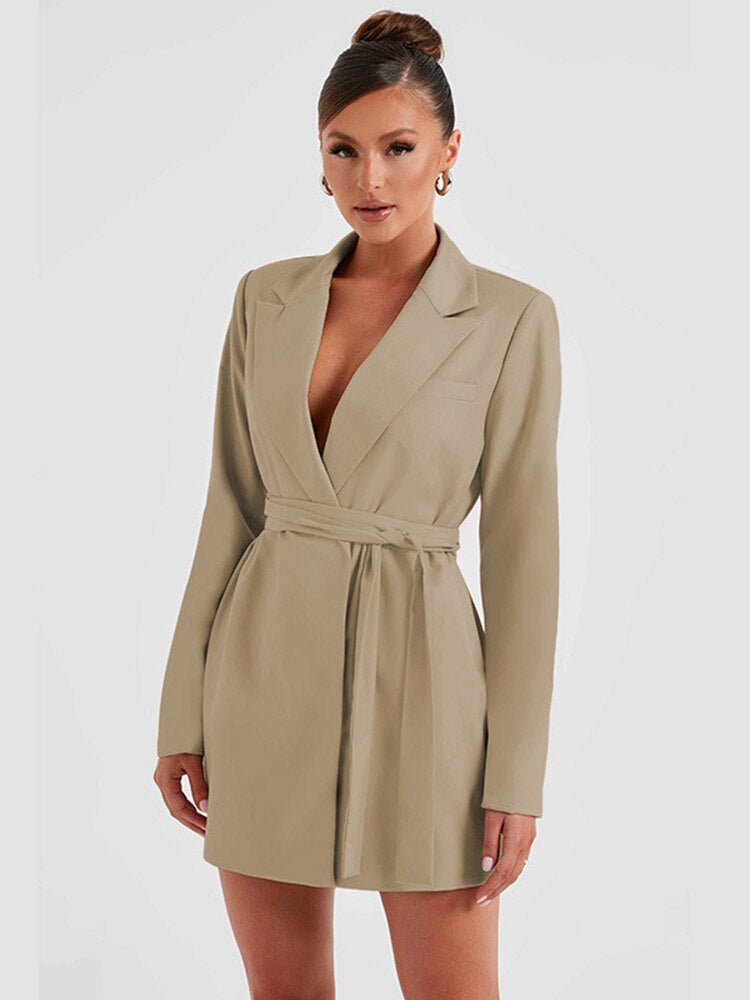 Khaki blazer dress with V-neckline, long sleeves, and waist tie belt