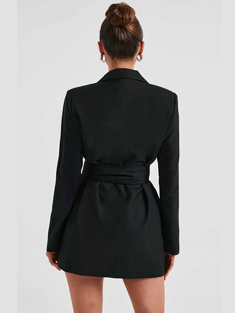 Black blazer dress back view with belt waist and long sleeves