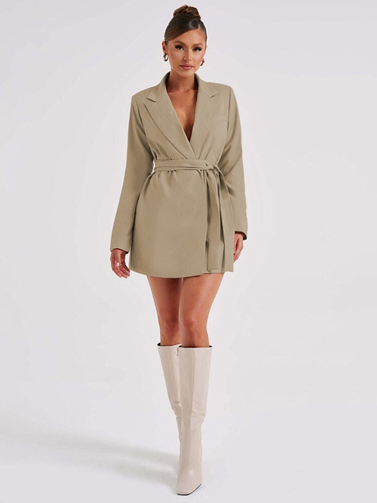 Khaki blazer dress with V-neck, long sleeves, mini hem, belted waist