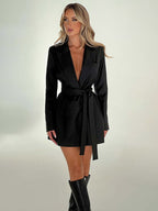 Black V-neck mini blazer dress with long sleeves and waist tie belt