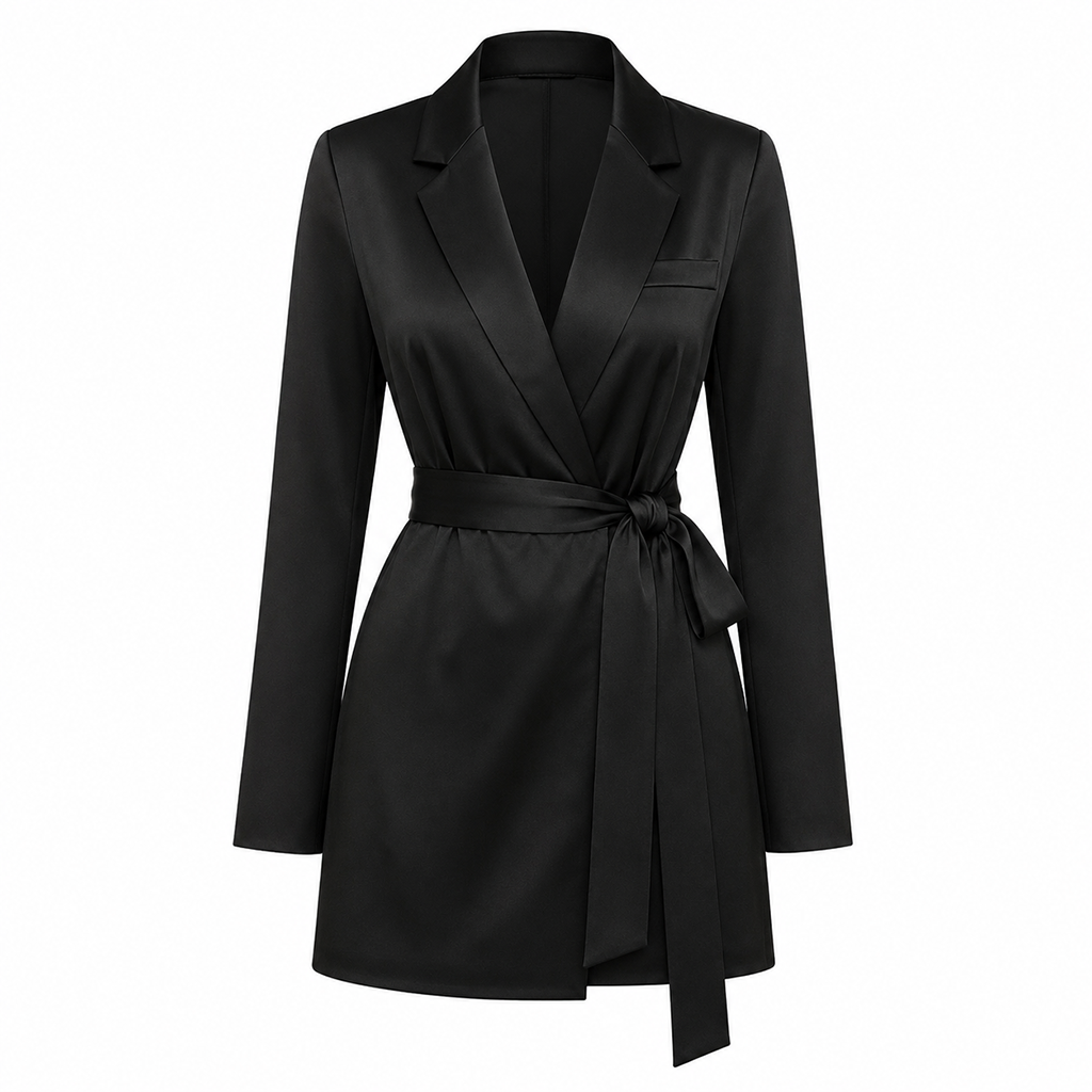 Black tailored blazer mini dress with V-neck and waist tie belt