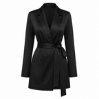 Black tailored blazer mini dress with V-neck and waist tie belt