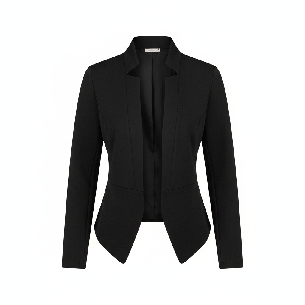Black tailored blazer with notched lapels and structured shoulders
