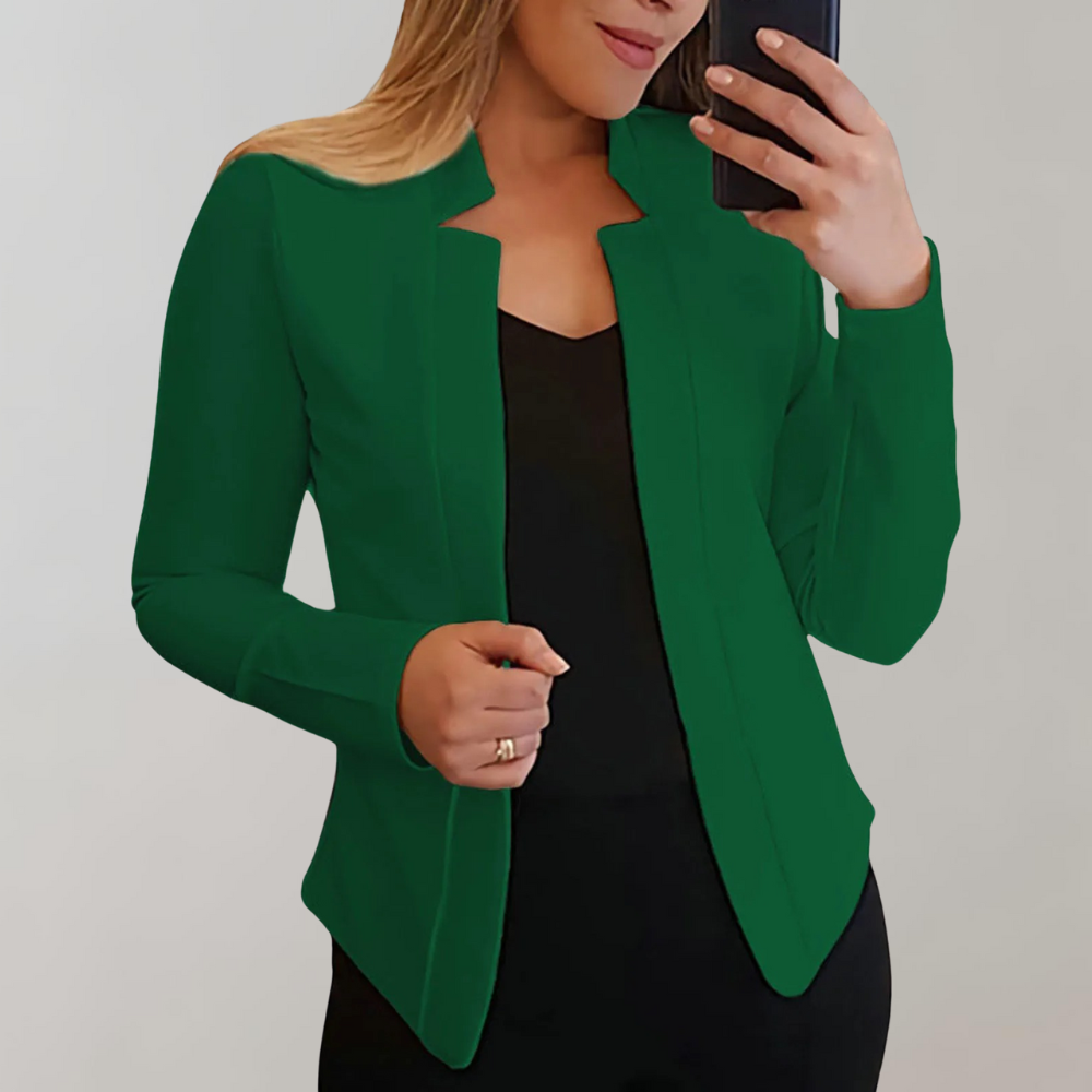 Green tailored blazer with notched lapels and long sleeves