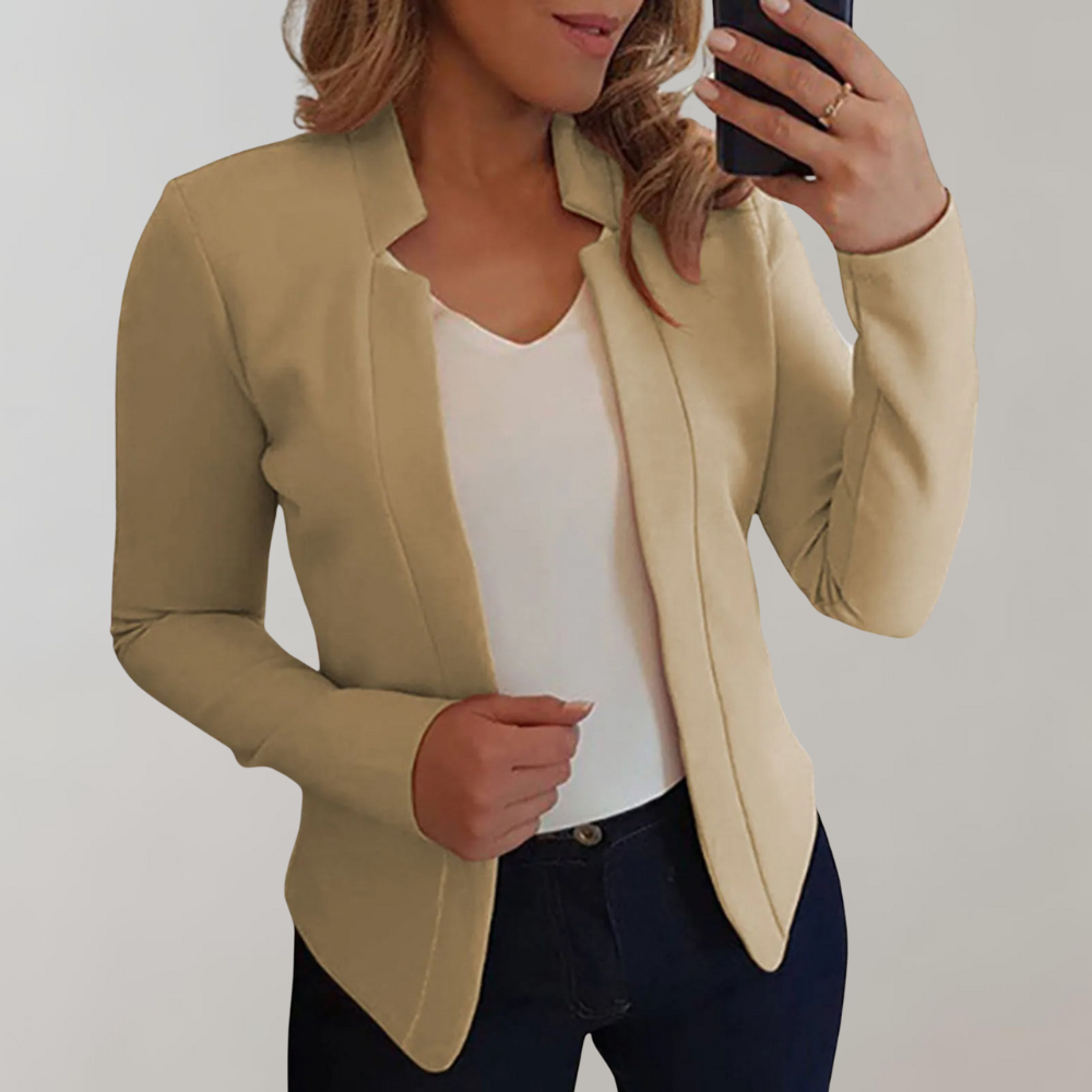 Beige tailored blazer with notched lapels and long sleeves