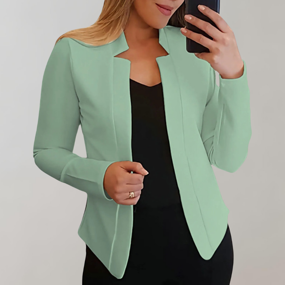 Light green tailored blazer with notched lapels and long sleeves