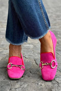 Women's deep pink suede loafers with gold-tone metal hardware accent