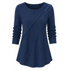 Women's crew-neck draped top in blue, diagonal button shoulder detail, long sleeves